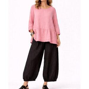 Pure match Womens pink long sleeve peplum 100% linen top Lagenlook boho layer